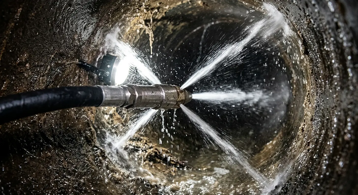 High-pressure hydro jetting nozzle cleaning sewer pipe for Emergency Drain Service in Mechanicsville