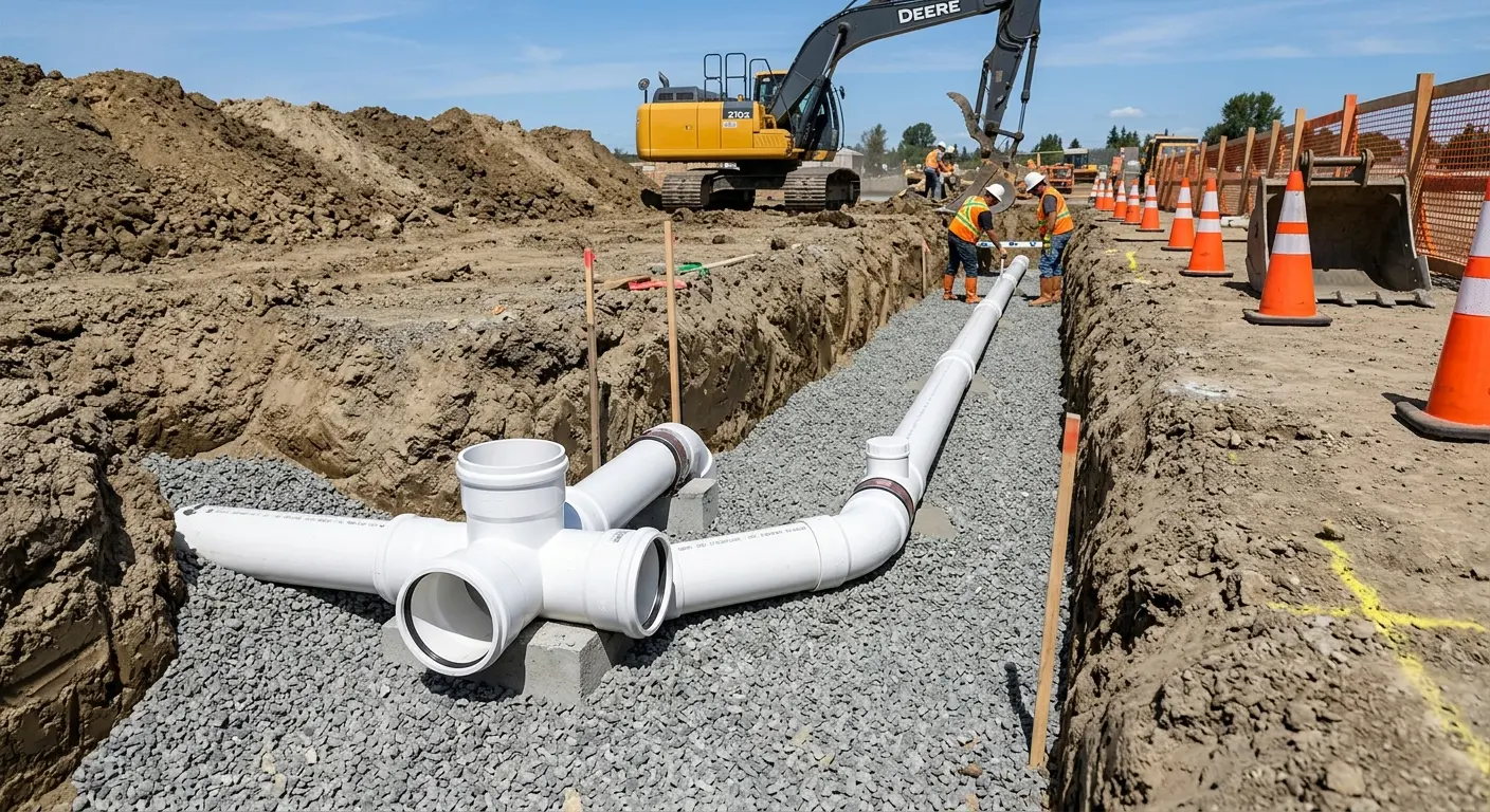New PVC sewer pipe installation in open trench for Commercial Drain Cleaning in Mechanicsville