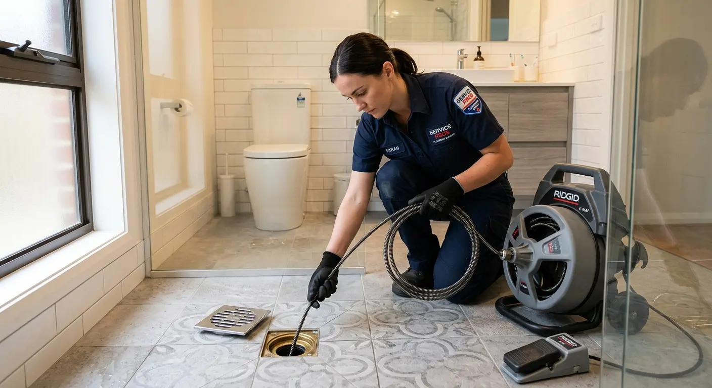 Technician clearing a bathroom floor drain for Sewer Line Replacement in Mechanicsville